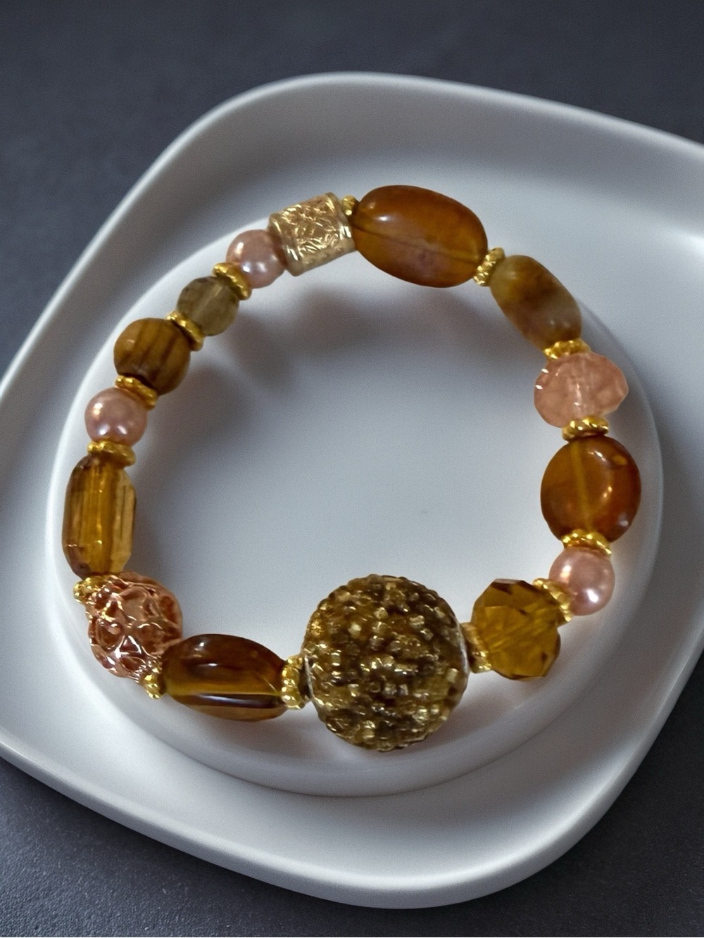 Handcrafted Gold and Amber Beaded Stretch Bracelet - Elegant Women's Jewelry